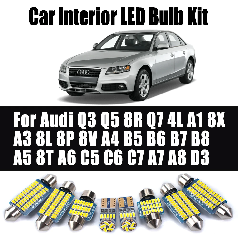 Аксессуары для Audi Q3 Q5 8R Q7 4L A1 8X A3 8L 8P 8V A4 B5 B6 B7 B8 A5 8T A6 C5 C6 C7 A7 A8 D3 Комплект светодиодных лампочек для салона автомобиля
Аксессуары для Audi Q3 Q5 8R Q7 4L A1 8X A3 8L 8P 8V A4 B5 B6 B7 B8 A5 8T A6 C5 C6 C7 A7 A8 D3 Комплект светодиодных лампочек для салона автомобиля
