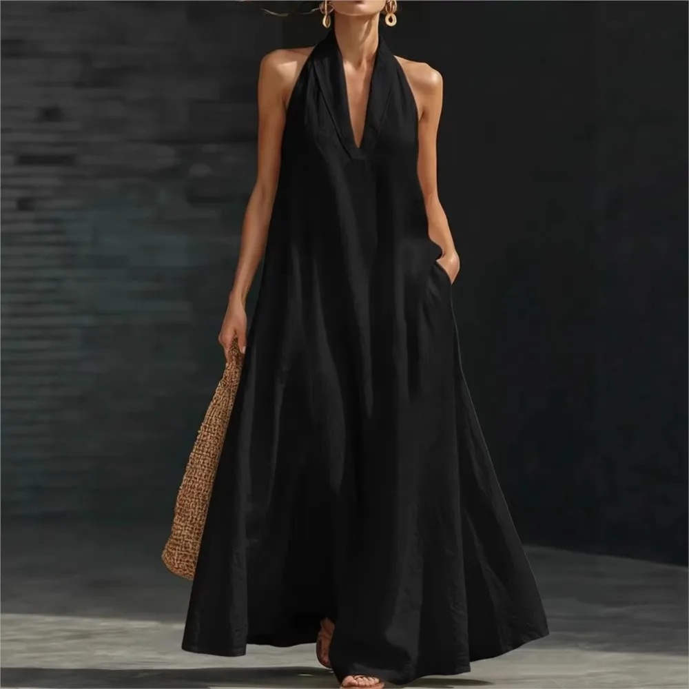 Halter Neck Sleeveless Dress New Summer Women's Casual Solid Color Sexy V-neck Loose Long Dress With Pockets Платье Женское
Halter Neck Sleeveless Dress New Summer Women's Casual Solid Color Sexy V-neck Loose Long Dress With Pockets Платье Женское