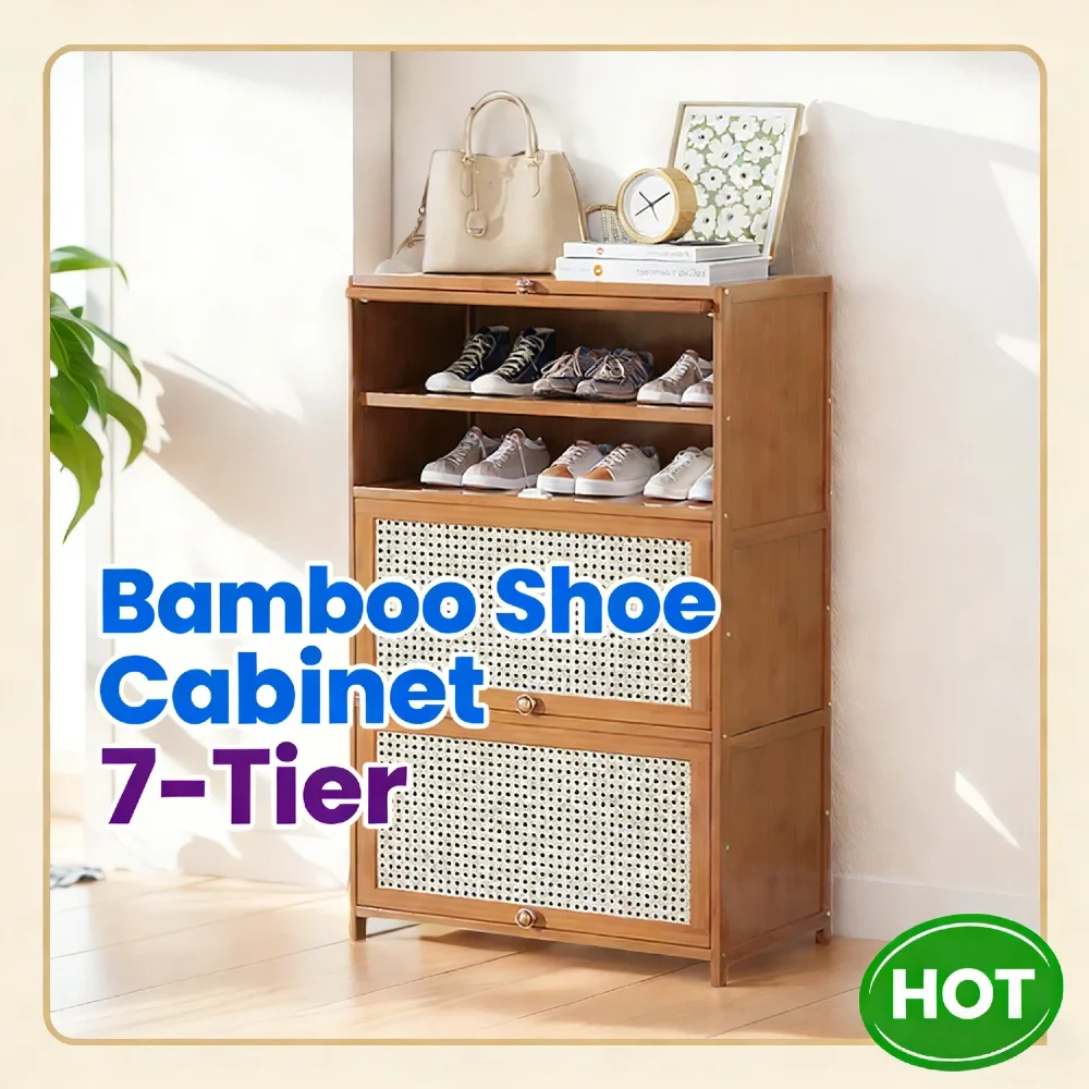 Bamboo Free Standing Shoe Storage Cabinet 7-Tier with 2 Flip Drawers & Door Narrow Entryway Cubby Spacious Top Platform for Bags
Bamboo Free Standing Shoe Storage Cabinet 7-Tier with 2 Flip Drawers & Door Narrow Entryway Cubby Spacious Top Platform for Bags