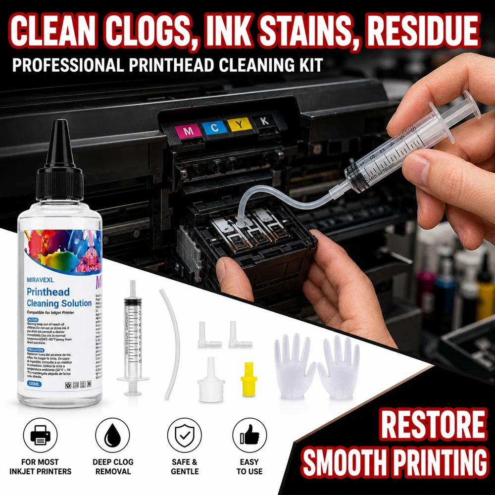 MIRAVEXL 100ml Printhead Cleaner Kit Unclog Liquid Solution for Epson HP Canon Brother Inkjet Printer Nozzle Repair Tool Syringe
MIRAVEXL 100ml Printhead Cleaner Kit Unclog Liquid Solution for Epson HP Canon Brother Inkjet Printer Nozzle Repair Tool Syringe
