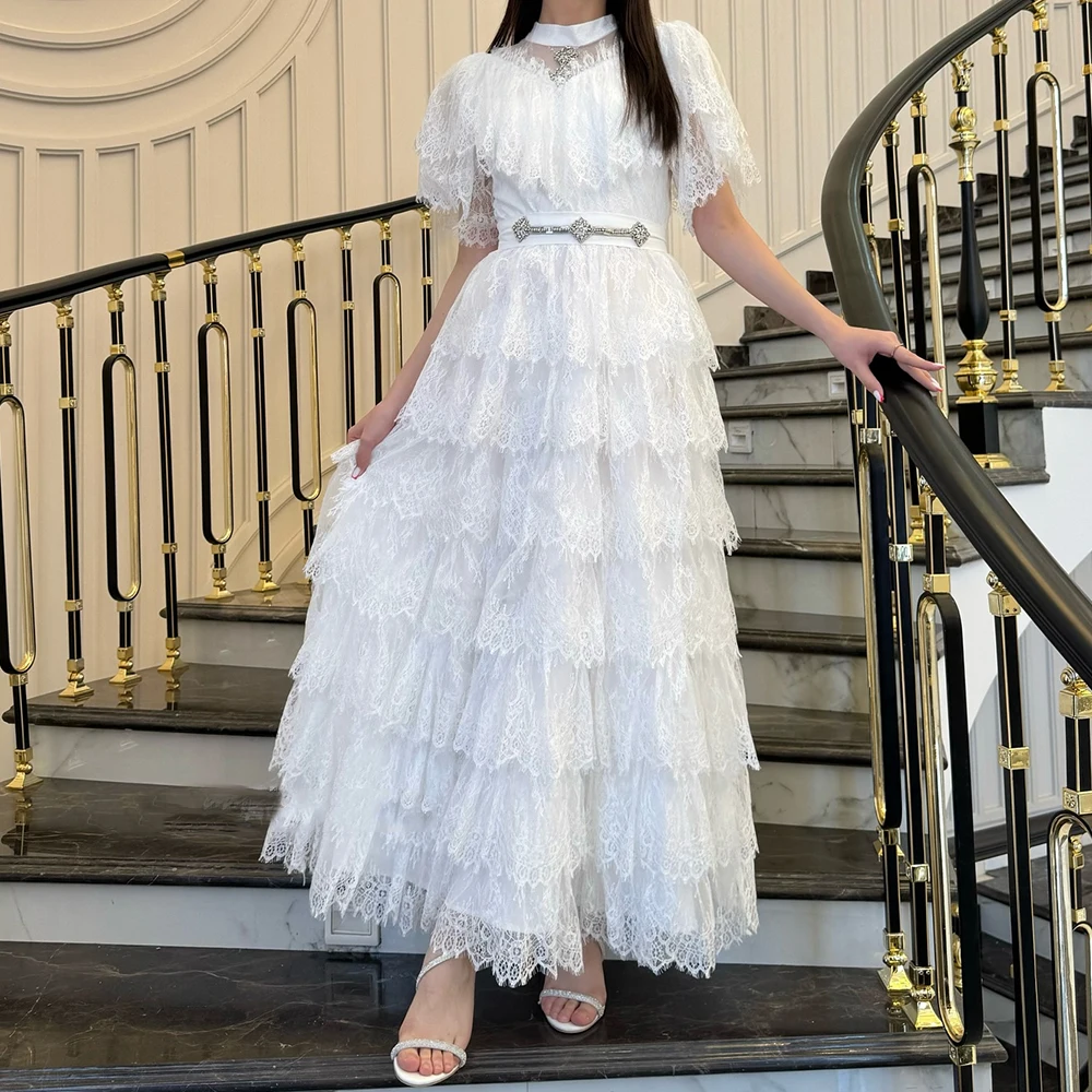Customized A-line Evening Dresses Ankle-length High-neck Short Sleeve Prom Gown Fashion Tiered Lace Draped Sashes Party Gown
Customized A-line Evening Dresses Ankle-length High-neck Short Sleeve Prom Gown Fashion Tiered Lace Draped Sashes Party Gown