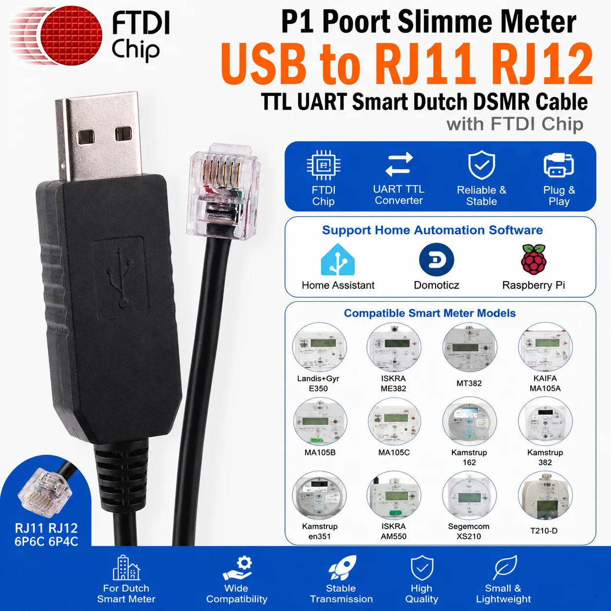 FTDI USB to RJ11 RJ12 P1 Smart Meter Cable DSMR UART TTL Converter for Dutch Smart Meter Raspberry Pi Home Assistant Domoticz
FTDI USB to RJ11 RJ12 P1 Smart Meter Cable DSMR UART TTL Converter for Dutch Smart Meter Raspberry Pi Home Assistant Domoticz