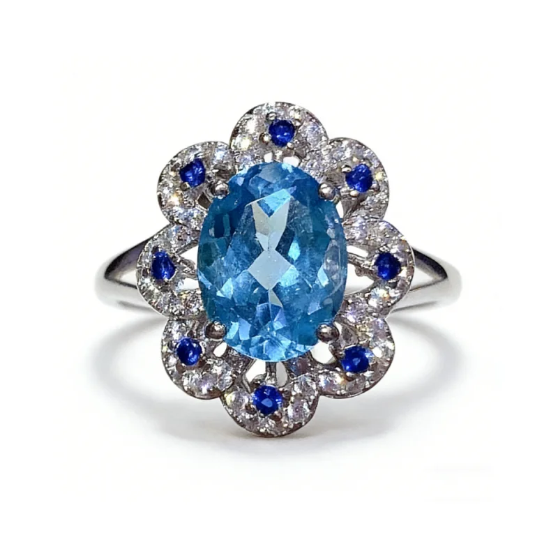 925 Sterling Silver Natural London Blue Topaz Ring 7x9mm Oval Cut Halo Engagement Ring with Sapphire Accents Fine Jewelry
925 Sterling Silver Natural London Blue Topaz Ring 7x9mm Oval Cut Halo Engagement Ring with Sapphire Accents Fine Jewelry