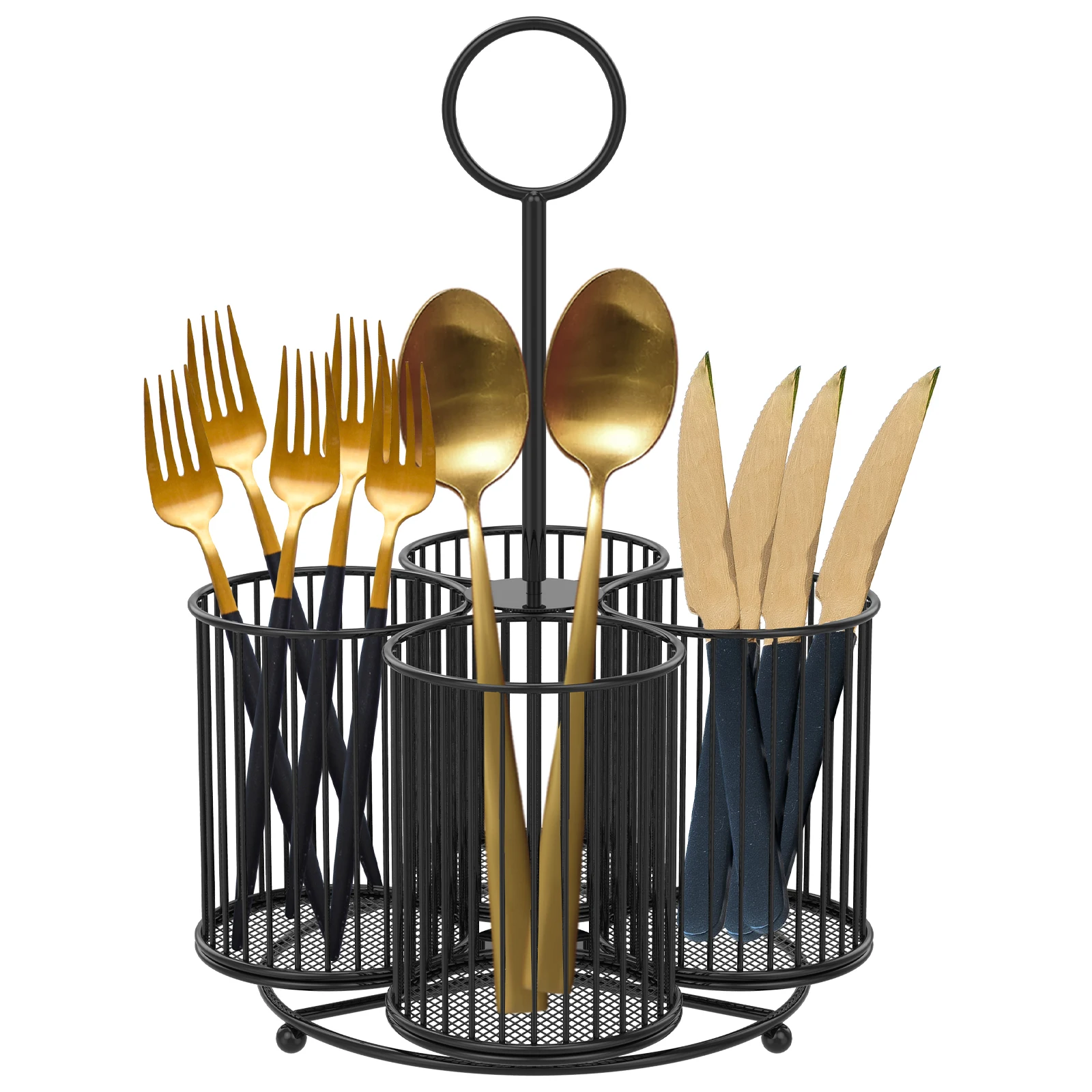 360° Rotating Utensil Caddy 4 Compartment Metal Utensil Flatware Storage Basket Suitable for Kitchen and Stationery Storage 
360° Rotating Utensil Caddy 4 Compartment Metal Utensil Flatware Storage Basket Suitable for Kitchen and Stationery Storage