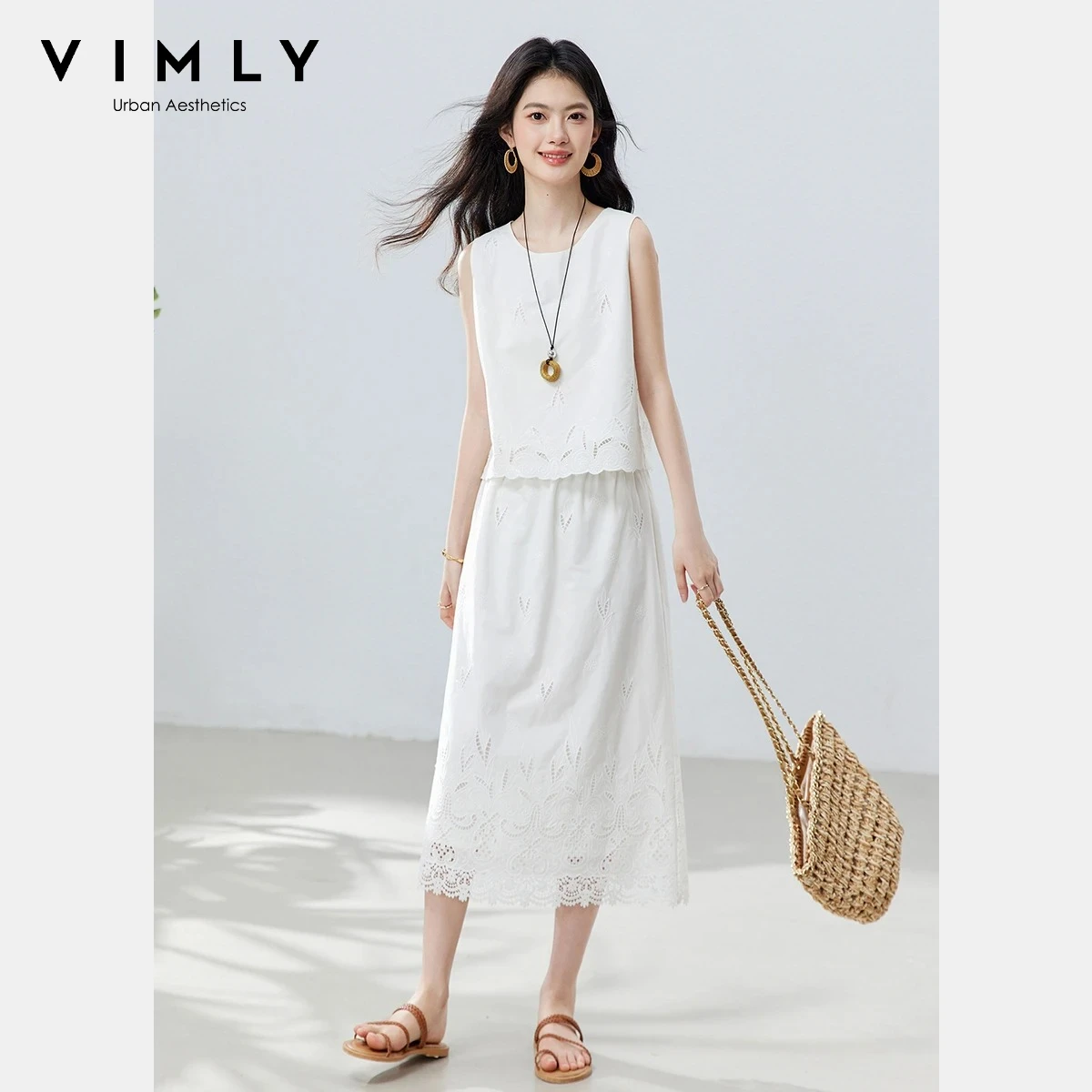 VIMLY Elegant 3D Cutout Embroidery Two-Piece Set Women Round Neck Sleeveless Top A-Line Skirt 100% Cotton Matching Sets A6250
VIMLY Elegant 3D Cutout Embroidery Two-Piece Set Women Round Neck Sleeveless Top A-Line Skirt 100% Cotton Matching Sets A6250