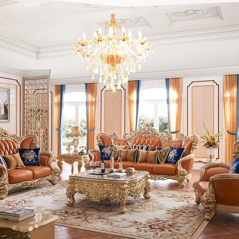 European-style leather champagne gold sofa solid wood double-sided carved leather living room 1234 combination of high-end luxur
European-style leather champagne gold sofa solid wood double-sided carved leather living room 1234 combination of high-end luxur