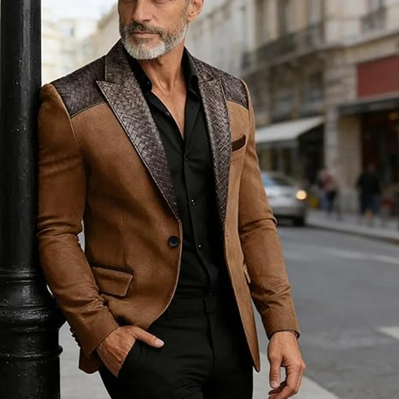Men's Faux Suede Blazer PU Leather Collar Shoulder One Button Jacket and pants Contrast Trim Business Banquet Wedding Coat Hot
Men's Faux Suede Blazer PU Leather Collar Shoulder One Button Jacket and pants Contrast Trim Business Banquet Wedding Coat Hot
