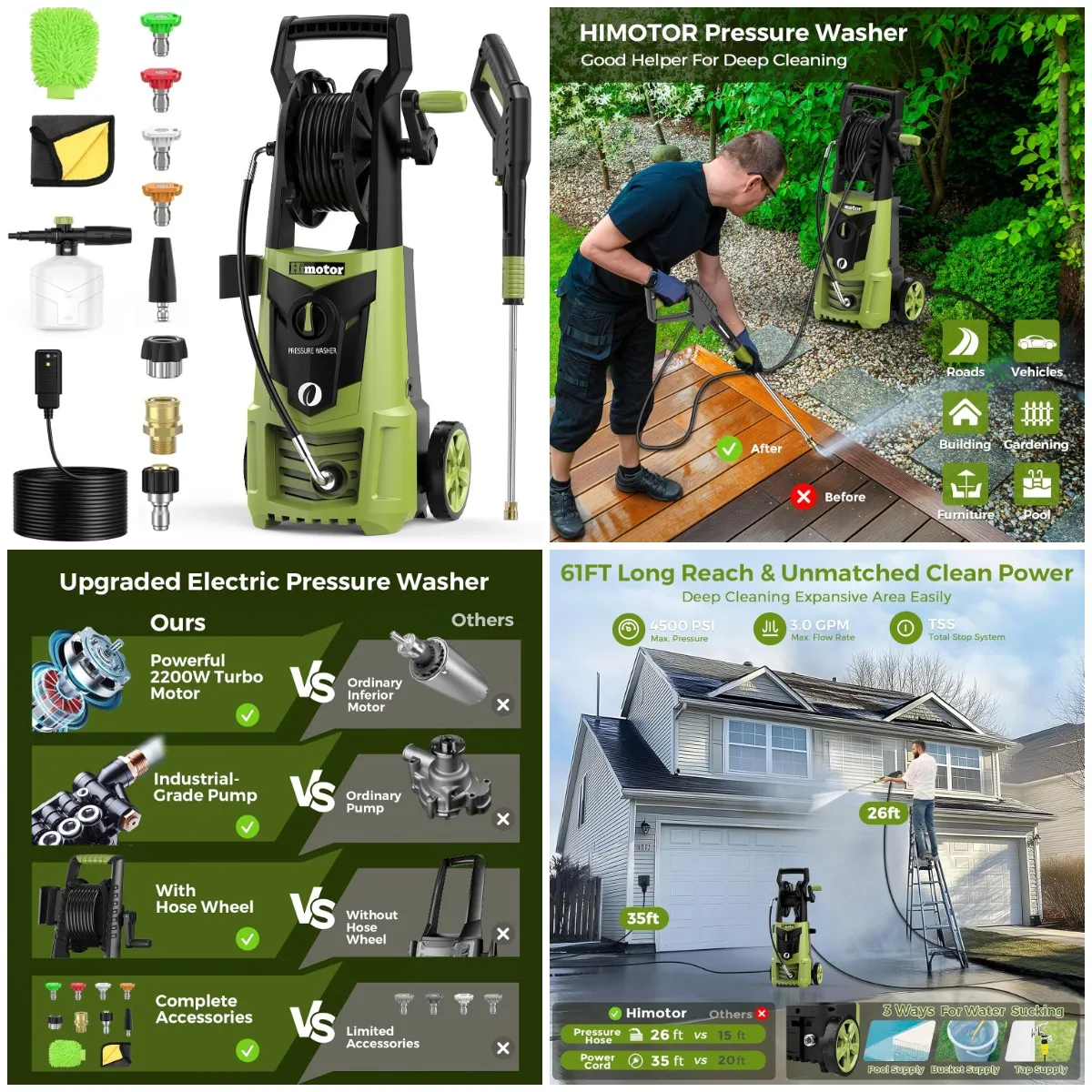 Electric Pressure Washer 4000PSI 2.8GPM with 5 Nozzles, Foam Cannon, 35ft Cord, 26ft Hose
Electric Pressure Washer 4000PSI 2.8GPM with 5 Nozzles, Foam Cannon, 35ft Cord, 26ft Hose