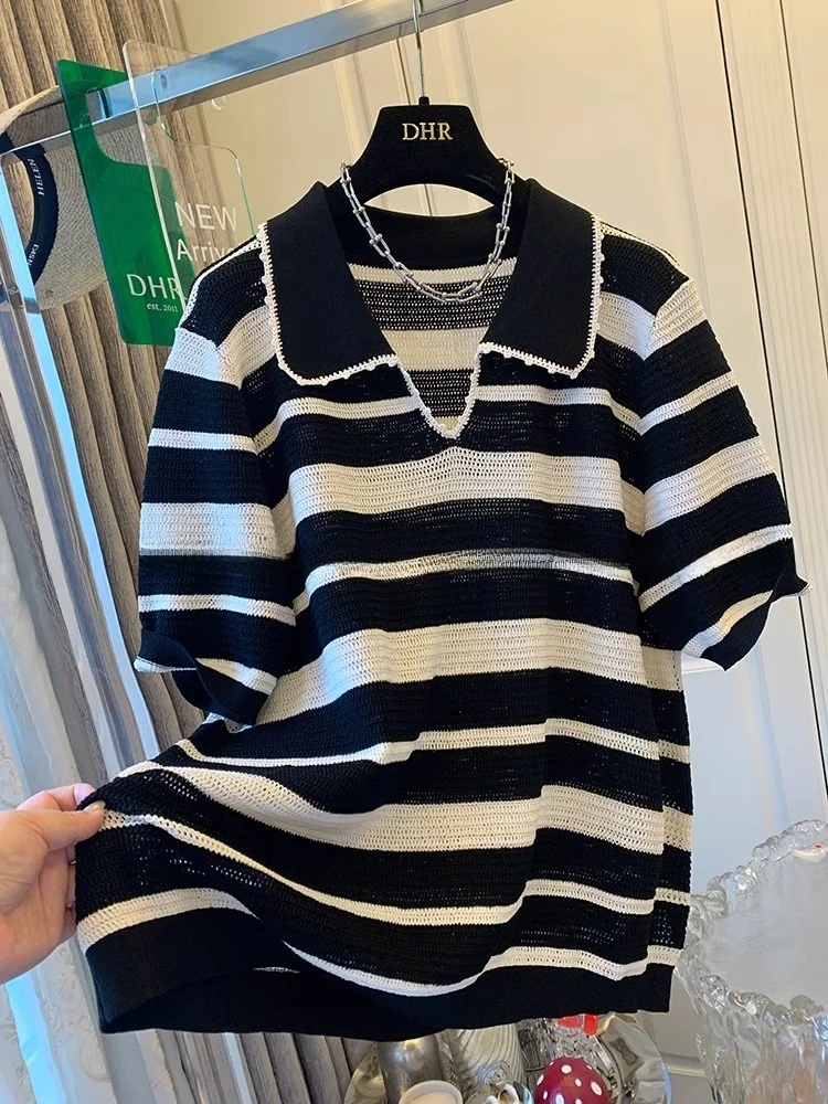 Loose Fit Striped ort Sve T-irt Women's Korean Sle Casual Cotton Summer Top Large Size Doll Collar Faion Trend
Loose Fit Striped ort Sve T-irt Women's Korean Sle Casual Cotton Summer Top Large Size Doll Collar Faion Trend