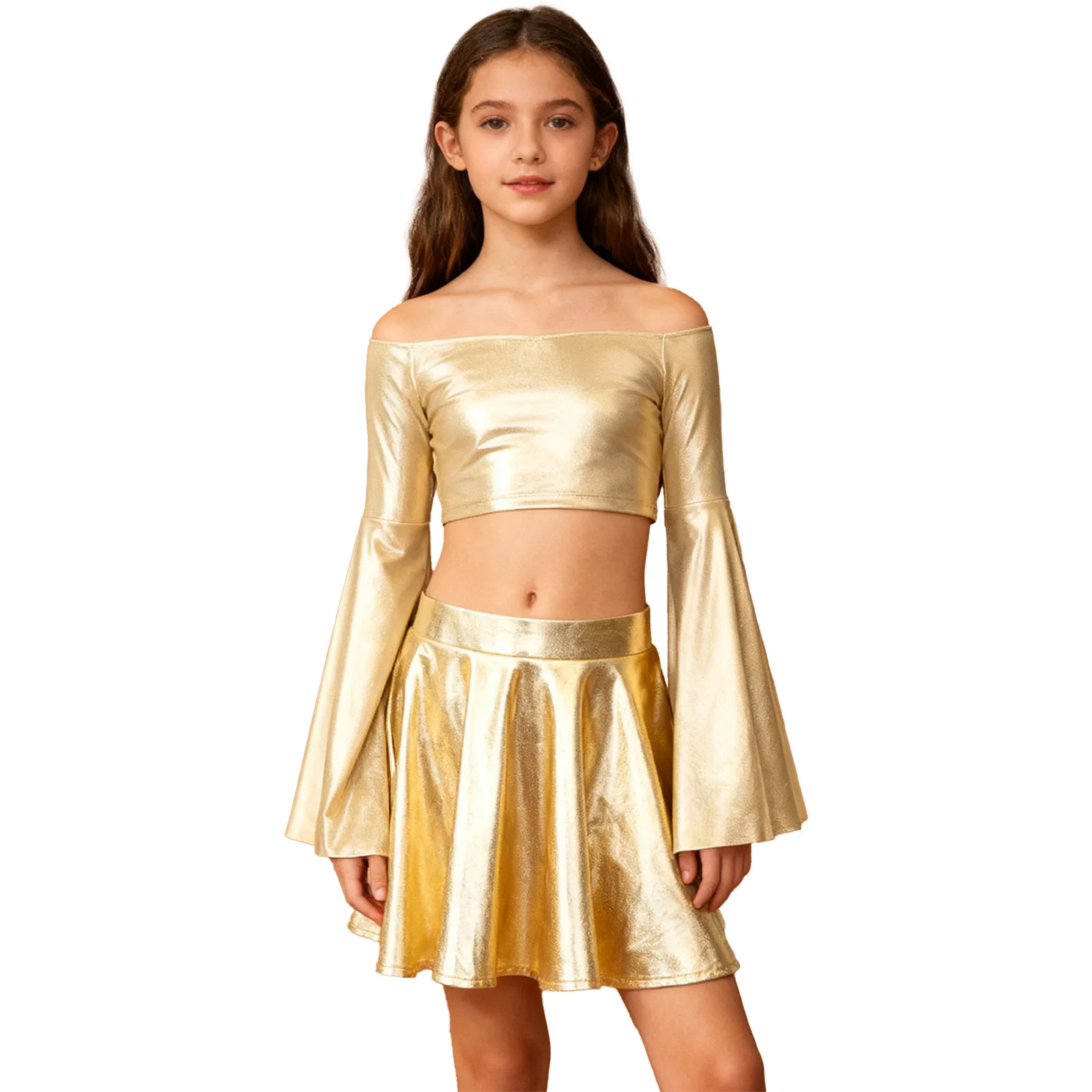Kids Girls Long Flared Sleeve Off-Shoulder Metallic Crop Top with Shiny Ruffled Skirt for Jazz Belly Dance Stage Performance
Kids Girls Long Flared Sleeve Off-Shoulder Metallic Crop Top with Shiny Ruffled Skirt for Jazz Belly Dance Stage Performance