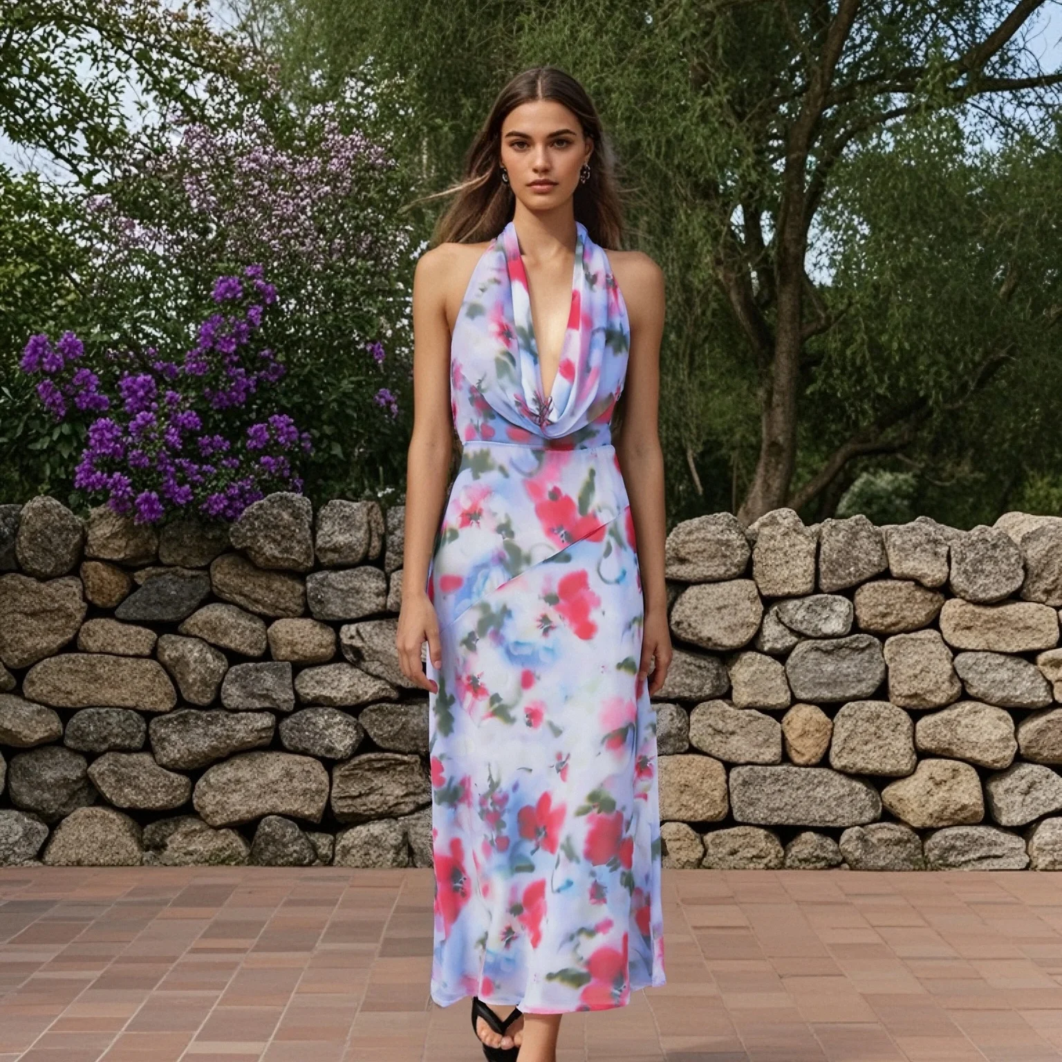 2025 Womens Halter Neck Backless Floral Printed Maxi Dress with Twist Front Detail for Summer Parties and Special Occasions
2025 Womens Halter Neck Backless Floral Printed Maxi Dress with Twist Front Detail for Summer Parties and Special Occasions