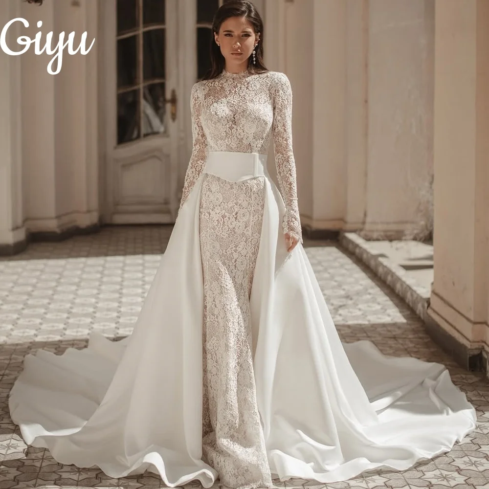 Giyu Exquisite Full Lace Wedding Dresses Satin Detachable Tail Sweep Train Long Sleeve Customized Bridal Gown vestidos de novia
Giyu Exquisite Full Lace Wedding Dresses Satin Detachable Tail Sweep Train Long Sleeve Customized Bridal Gown vestidos de novia
