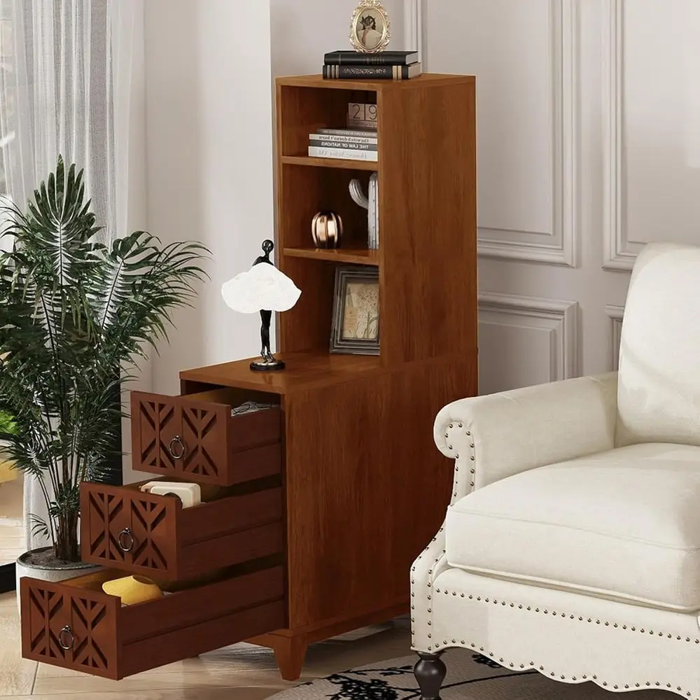 Walnut Tall Nightstand with Charging Station, 47.2 End Table with 3 Drawers and 2 Shelves for Small Spaces, Suitable for Living
Walnut Tall Nightstand with Charging Station, 47.2 End Table with 3 Drawers and 2 Shelves for Small Spaces, Suitable for Living