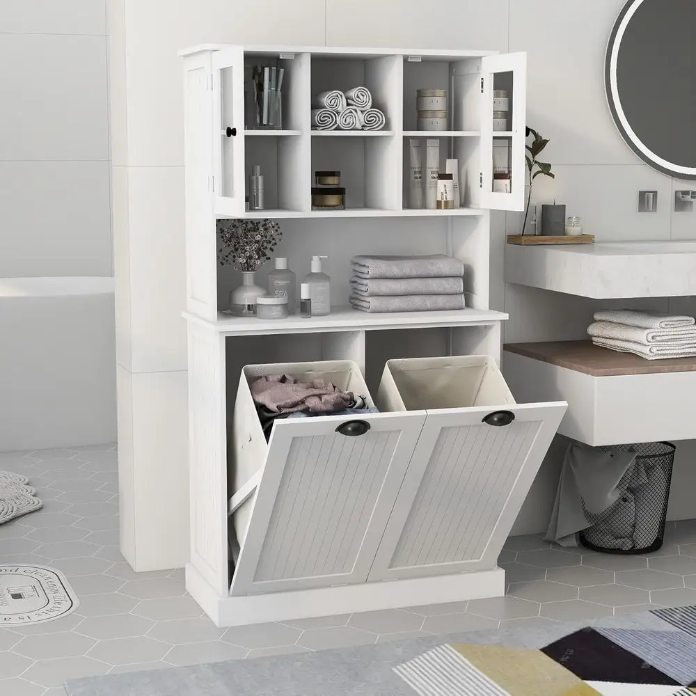 White Tall Bathroom Storage Cabinet with 2 Baskets and 3 Shelves for Laundry Hamper
White Tall Bathroom Storage Cabinet with 2 Baskets and 3 Shelves for Laundry Hamper
