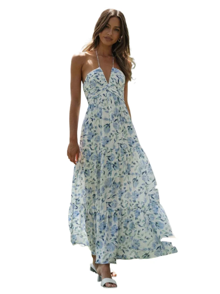 Women Elegant Halter Print Dress Fashion Sexy Sleeveless V-Neck Backless Loose Dresses Robe Femme Casual Party Dress Lady Summer 
Women Elegant Halter Print Dress Fashion Sexy Sleeveless V-Neck Backless Loose Dresses Robe Femme Casual Party Dress Lady Summer