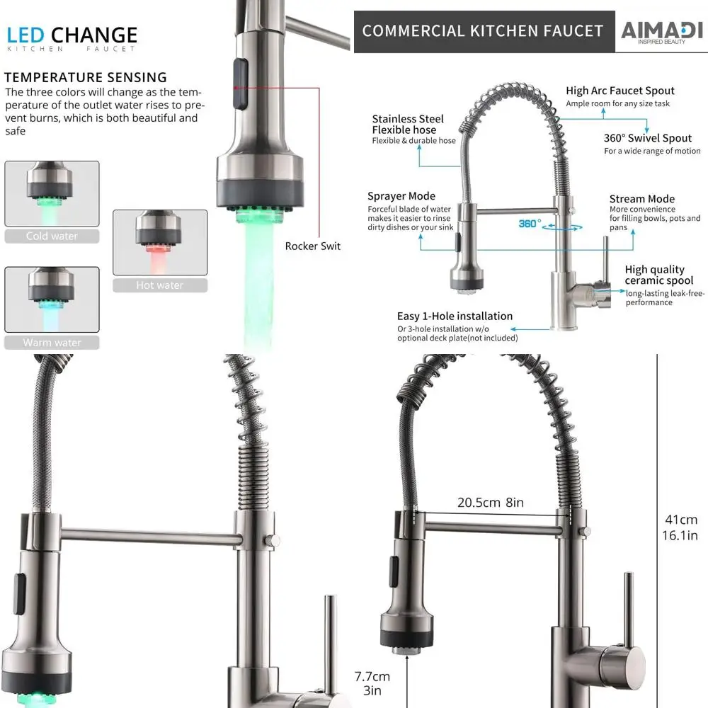Stainless Steel Pull-Down Spray Kitchen Faucet with LED, Brushed Nickel Finish
Stainless Steel Pull-Down Spray Kitchen Faucet with LED, Brushed Nickel Finish