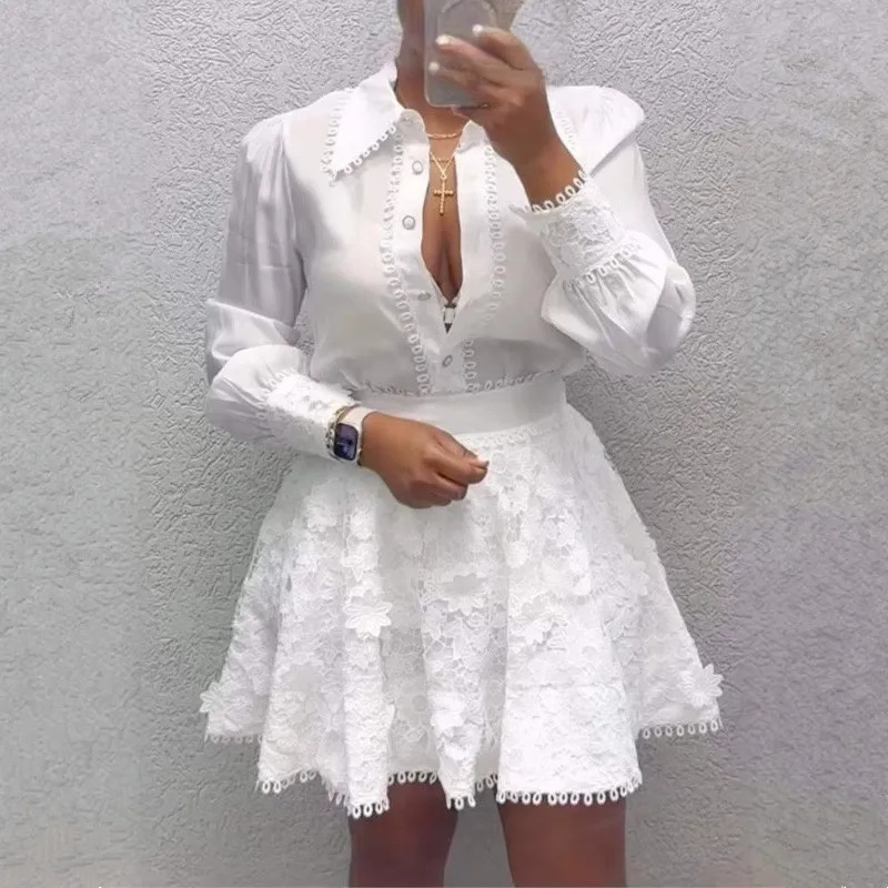 Elegant African Fashion Women Shirt Tops And Lace Skirts Two-piece Skirt Suit Casual White Holiday Two Piece Outfits Woman
Elegant African Fashion Women Shirt Tops And Lace Skirts Two-piece Skirt Suit Casual White Holiday Two Piece Outfits Woman