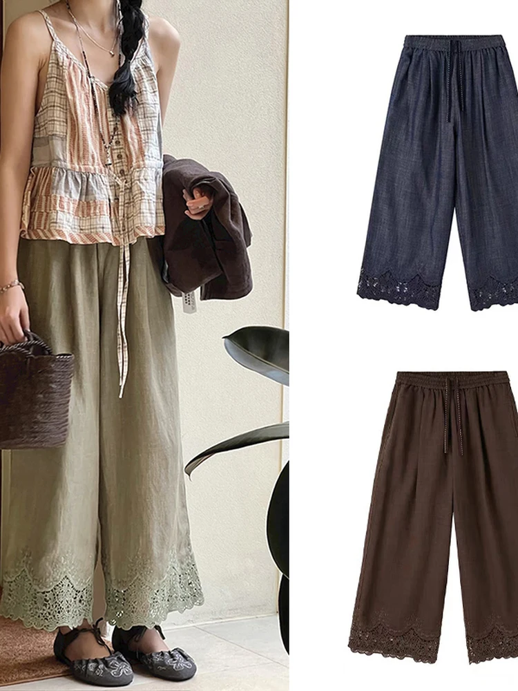 French Style Embroidered Elastic Waist Ladies Pants Breathable Comfortable Floral Stitching Splicing Long Trousers for Women
French Style Embroidered Elastic Waist Ladies Pants Breathable Comfortable Floral Stitching Splicing Long Trousers for Women