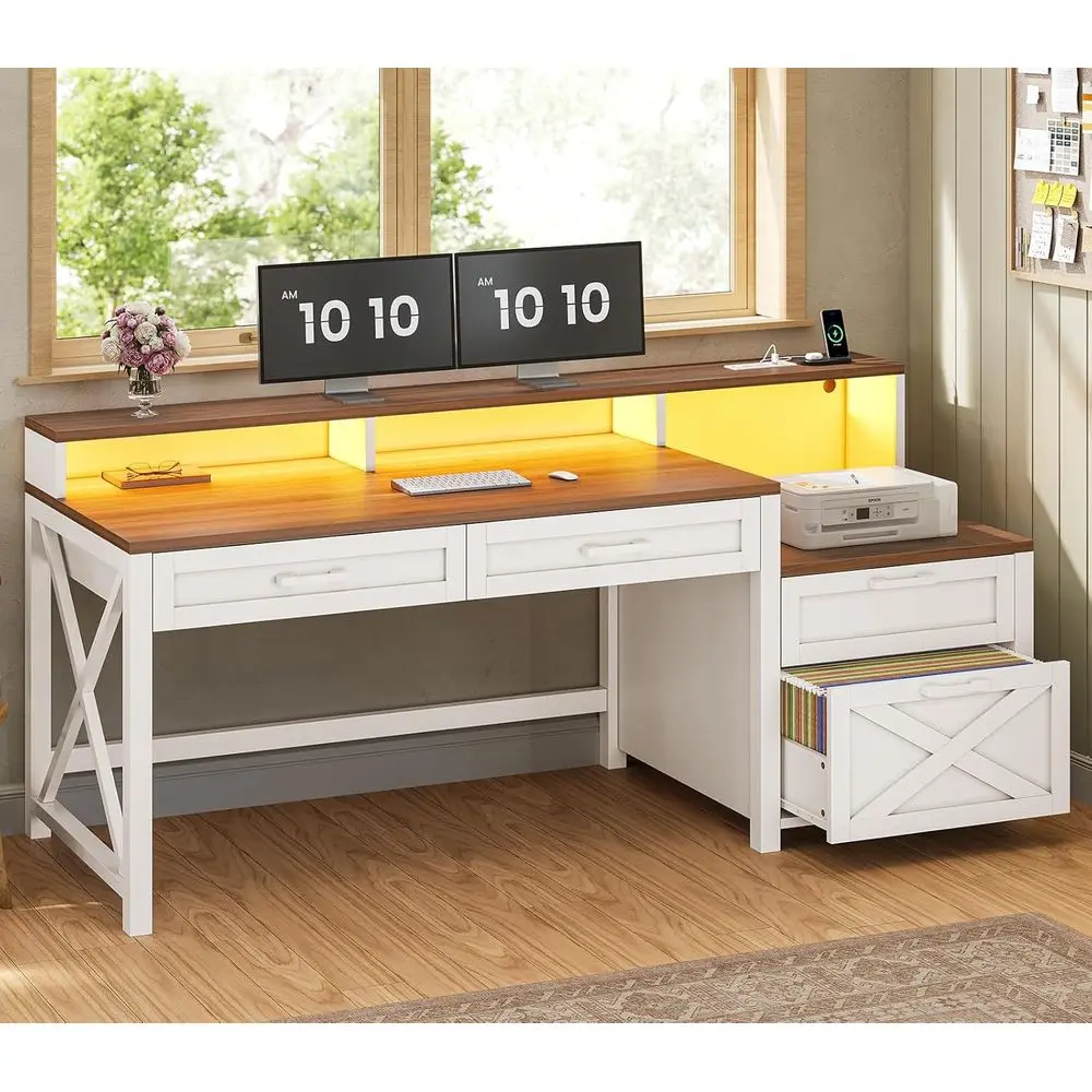 Modern Office Desk with Drawer, Power Outlet, Storage Shelves, Printer Stand, Monitor Shelf, LED Gaming Desk, White and Brown
Modern Office Desk with Drawer, Power Outlet, Storage Shelves, Printer Stand, Monitor Shelf, LED Gaming Desk, White and Brown