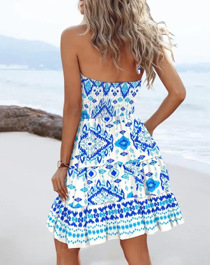 Bohemian Tribal Print Halter Ruffles Hem Shirred Mini Dress for Women Clothing Summer New Women's Backless Vintage Dresses
Bohemian Tribal Print Halter Ruffles Hem Shirred Mini Dress for Women Clothing Summer New Women's Backless Vintage Dresses