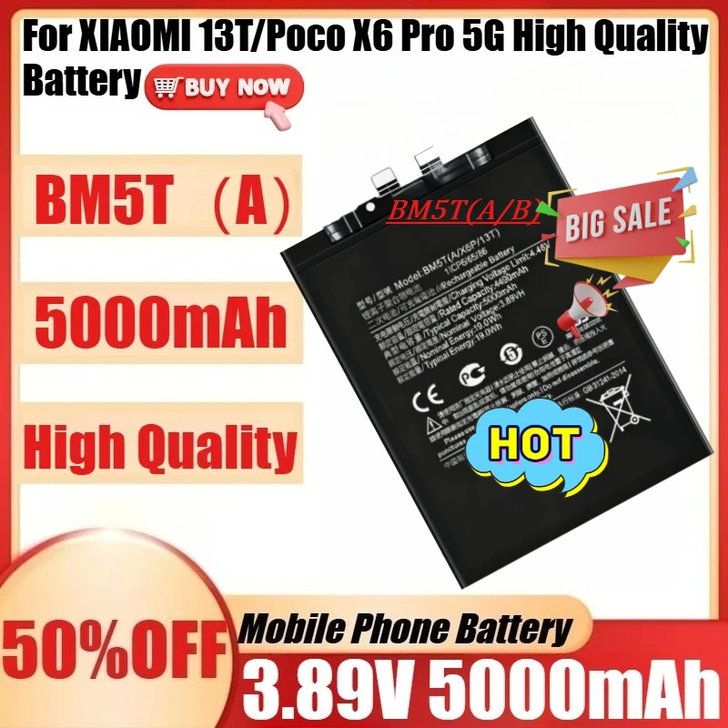 Аккумулятор BM5T для XIAOMI 13T/Poco X6 Pro 5G, высококачественный, новый, 3.89В, 5000мАч, с инструментами для замены
Аккумулятор BM5T для XIAOMI 13T/Poco X6 Pro 5G, высококачественный, новый, 3.89В, 5000мАч, с инструментами для замены