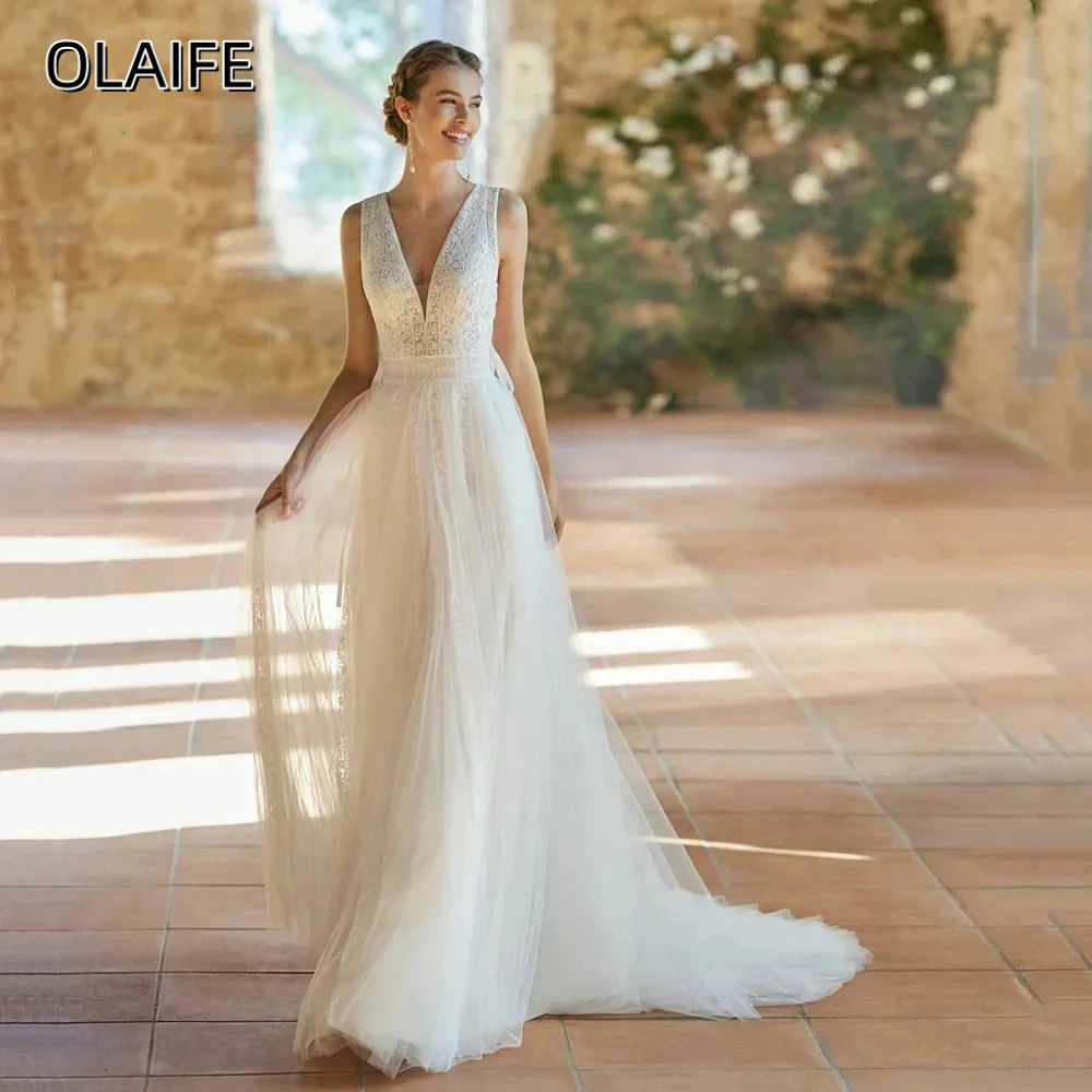 Olaife Simple A-line Wedding Dresses Women Open Back V-Neck Lace Tulle Bridal Gown Sweep Train Vestidos De Novia
Olaife Simple A-line Wedding Dresses Women Open Back V-Neck Lace Tulle Bridal Gown Sweep Train Vestidos De Novia