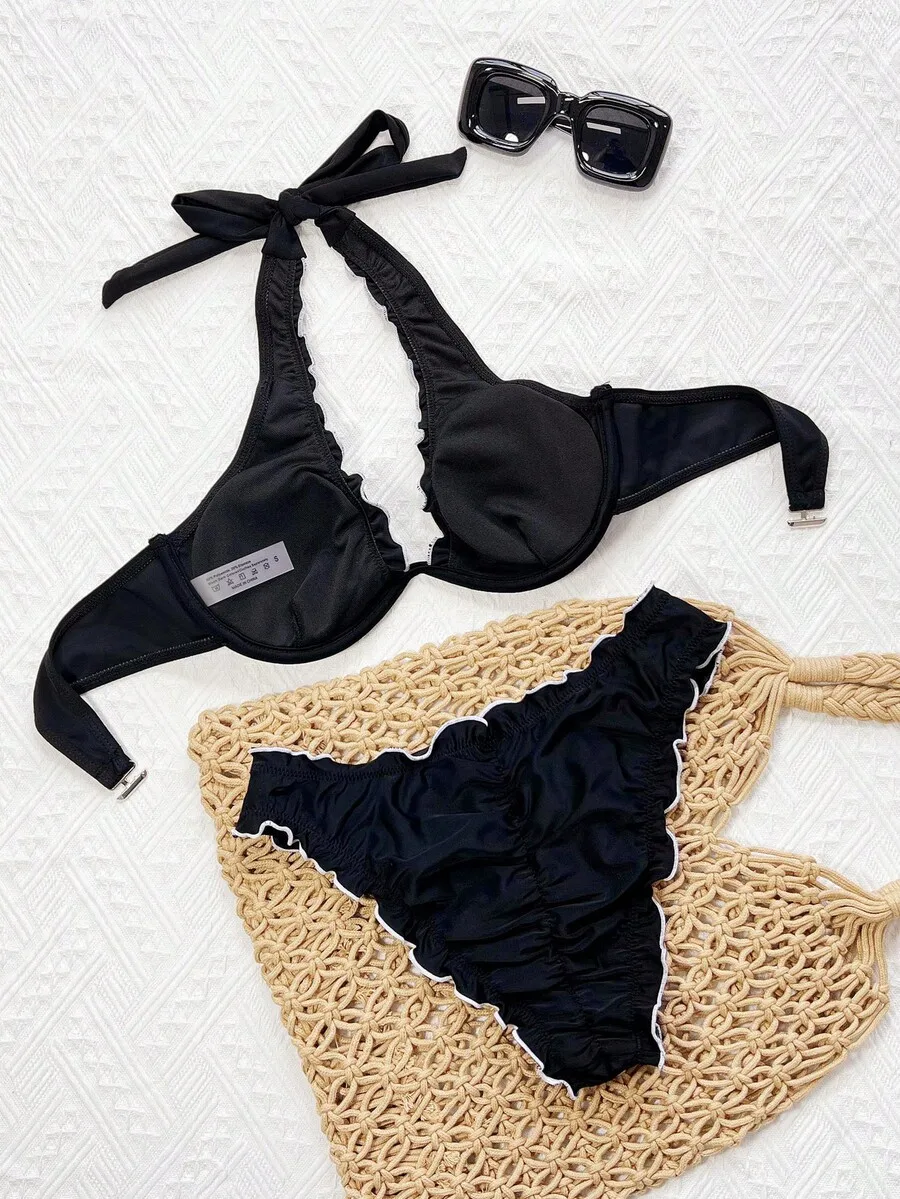 Black Halter Knot Frill Trim Bikini Set With White Edge Casual Beach Swimwear
Black Halter Knot Frill Trim Bikini Set With White Edge Casual Beach Swimwear