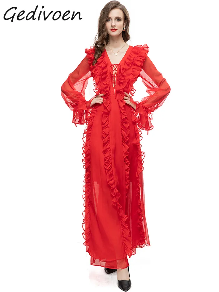Gedivoen Summer Fashion Runway Orange Red Vintage Dress Women V Neck Lantern Long Sleeve Frenulum Ruffles A-LINE Slim Long Dress
Gedivoen Summer Fashion Runway Orange Red Vintage Dress Women V Neck Lantern Long Sleeve Frenulum Ruffles A-LINE Slim Long Dress