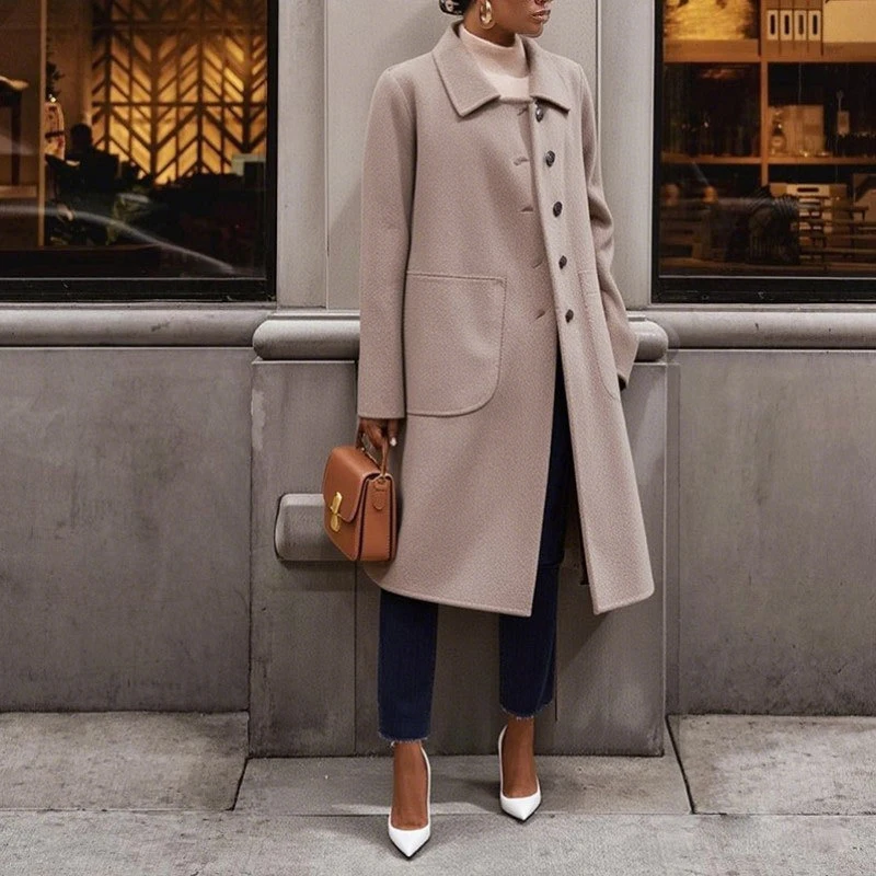 Elegant OL Commute Style Coat Women Fashion Lapel Button Thick Mid Length Jacket Casual Long Sleeve Solid Color Pocket Overcoat
Elegant OL Commute Style Coat Women Fashion Lapel Button Thick Mid Length Jacket Casual Long Sleeve Solid Color Pocket Overcoat