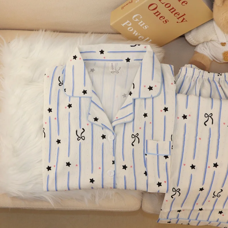 Bow and Star Strip Print Woman's Pajamas Set Autumn Winter Household Clothes Sweet Cute Pajamas Cartoon Student Homewear Korean
Bow and Star Strip Print Woman's Pajamas Set Autumn Winter Household Clothes Sweet Cute Pajamas Cartoon Student Homewear Korean