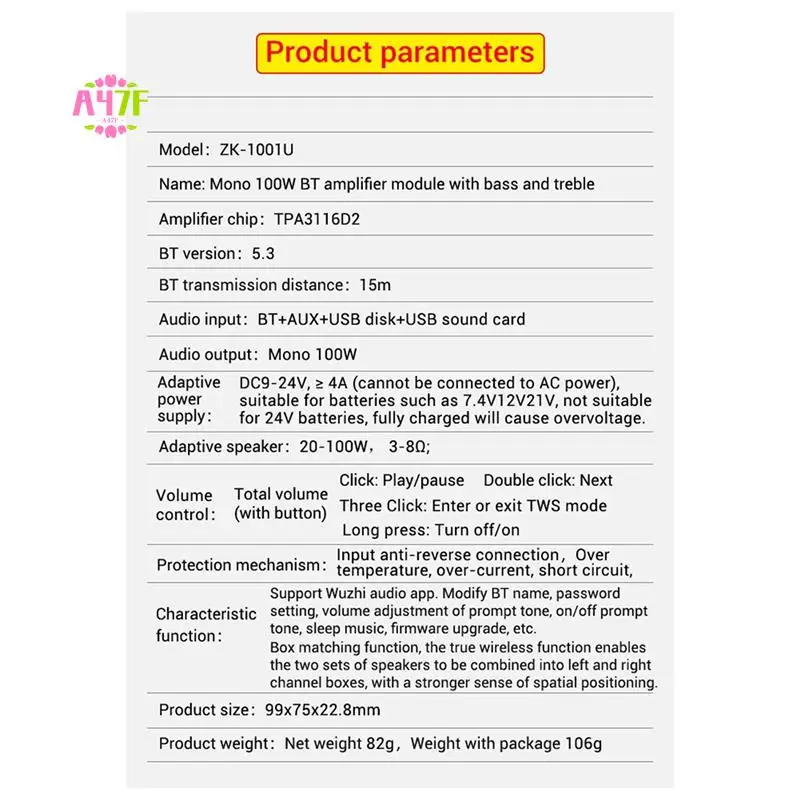 A47F-ZK-1001U With Boost Mono 100W Bluetooth Amplifier Board High And Low Tone TWS Outdoor DIY Speaker TPA3116
A47F-ZK-1001U With Boost Mono 100W Bluetooth Amplifier Board High And Low Tone TWS Outdoor DIY Speaker TPA3116