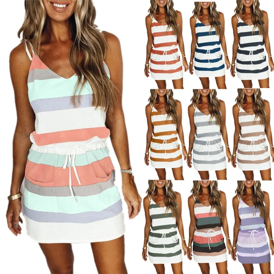 【New style】Summer new women's dress loose V-neck casual stripe print suspender dress
【New style】Summer new women's dress loose V-neck casual stripe print suspender dress