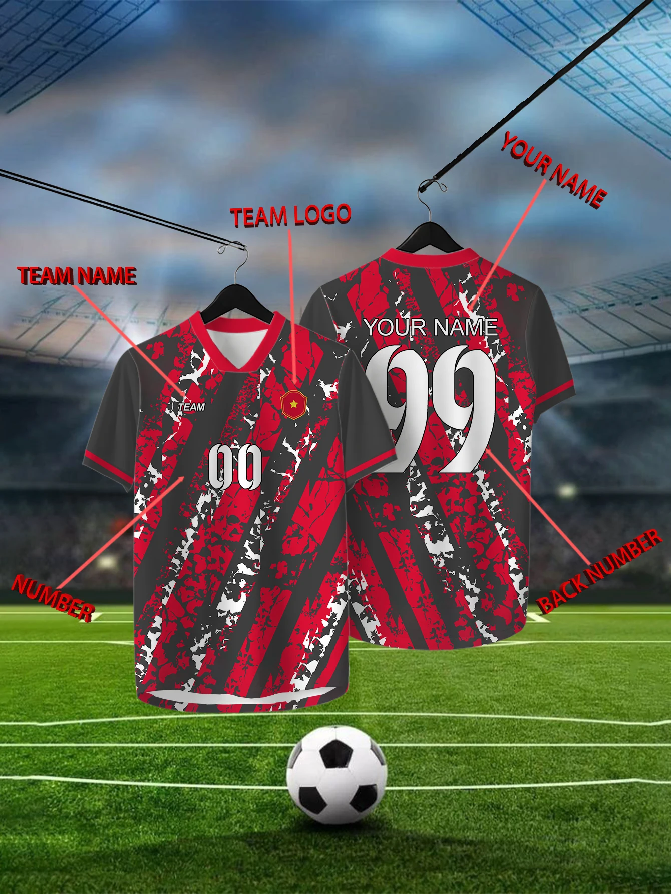 Customized Geometric Red Short Sleeved Shirt with Team Name, Emblem, Name and Number, Outdoor Sports Short Sleeved T-shirt
Customized Geometric Red Short Sleeved Shirt with Team Name, Emblem, Name and Number, Outdoor Sports Short Sleeved T-shirt