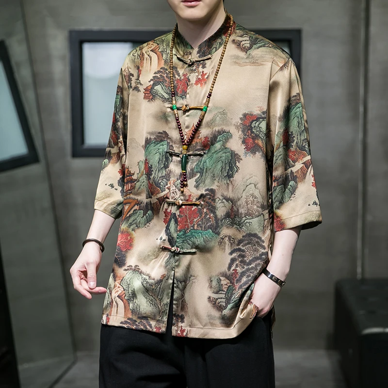 Ice Silk ort Sve irt Loose Fit Thin Five Sve Chinese Sle Retro Tang Costume Men's Summer Faion Plant Floral Print
Ice Silk ort Sve irt Loose Fit Thin Five Sve Chinese Sle Retro Tang Costume Men's Summer Faion Plant Floral Print