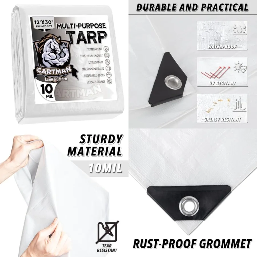 Finished Size 12x30 Feet 10 Mil White Heavy Duty Poly Tarp, Multipurpose Protective Cover, UV Resistant, Waterproof Poly Tarpau
Finished Size 12x30 Feet 10 Mil White Heavy Duty Poly Tarp, Multipurpose Protective Cover, UV Resistant, Waterproof Poly Tarpau