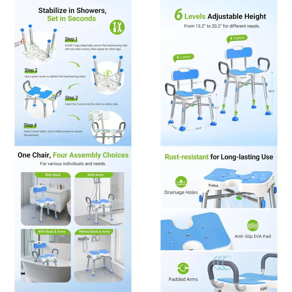 Adjustable Heavy-Duty Shower Chair with Padded Back & Arms for Elderly & Disabled, up to 500 lbs
Adjustable Heavy-Duty Shower Chair with Padded Back & Arms for Elderly & Disabled, up to 500 lbs