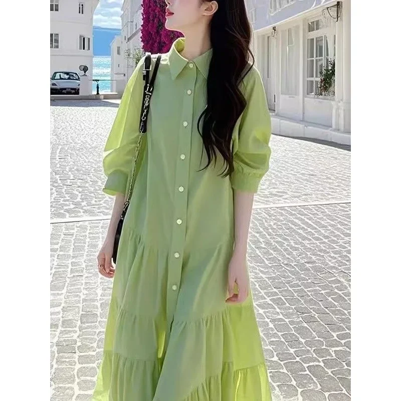 Summer 2026 Women's Korean Style Pure Color Blouse Dress Lace Trim Fashionable Midi Skirt Square Collar Short Sleeve Dress
Summer 2026 Women's Korean Style Pure Color Blouse Dress Lace Trim Fashionable Midi Skirt Square Collar Short Sleeve Dress
