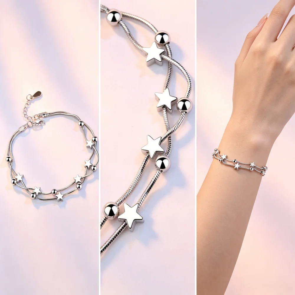 925 Sterling Silver Double Layer Snake Chain Bracelet for Women Star Bead Square Charm Bracelet Summer Beach Jewelry Gift
925 Sterling Silver Double Layer Snake Chain Bracelet for Women Star Bead Square Charm Bracelet Summer Beach Jewelry Gift