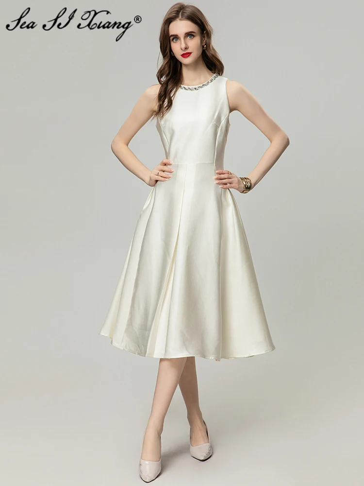 Seasixiang Fashion Designer Vintage Vest Dress Women's Diamonds O-Neck Sleeveless Elegant Party Dresses
Seasixiang Fashion Designer Vintage Vest Dress Women's Diamonds O-Neck Sleeveless Elegant Party Dresses
