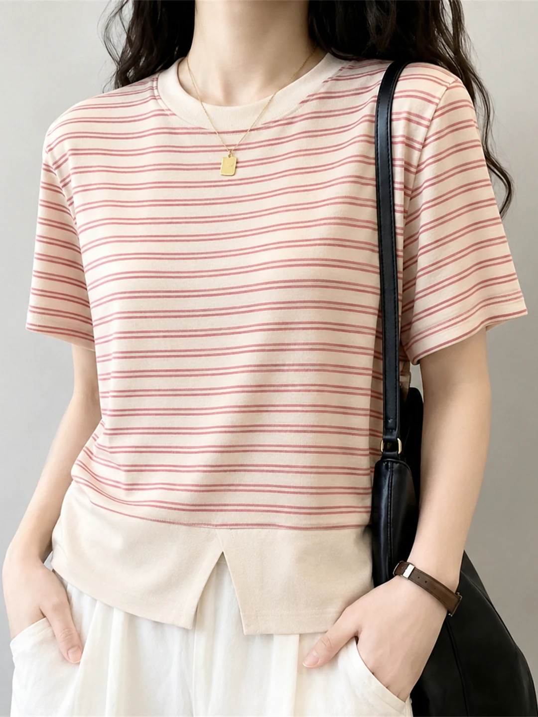 Korean Style Striped T-Shirt Short Sleeve round Neck Color Block Design Summer Fashionable Top Women's plus Size Commute Style
Korean Style Striped T-Shirt Short Sleeve round Neck Color Block Design Summer Fashionable Top Women's plus Size Commute Style