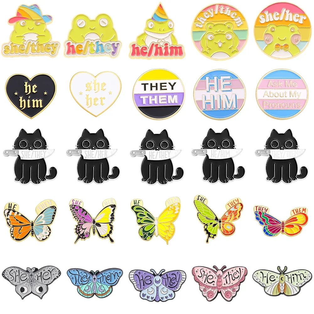 Pronoun Her Him They Them Enamel Pin Cartoon Colorful Butterfly Cat Pronoun Brooches Decorative Lapel Badge Jewelry for Gift
Pronoun Her Him They Them Enamel Pin Cartoon Colorful Butterfly Cat Pronoun Brooches Decorative Lapel Badge Jewelry for Gift