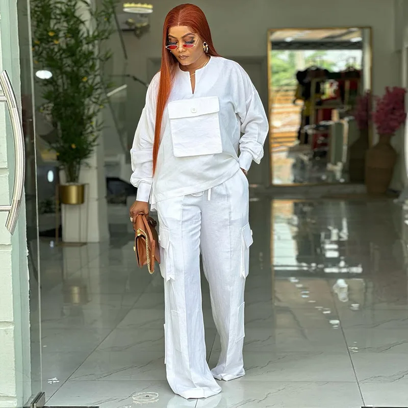New fashionable loose long-sleeved top, big pocket trousers set, simple and versatile temperament, elegant vacation style high-e
New fashionable loose long-sleeved top, big pocket trousers set, simple and versatile temperament, elegant vacation style high-e