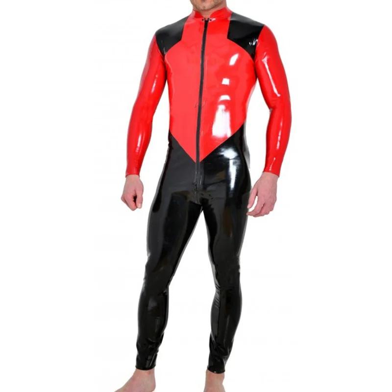Red with Black Sexy Latex Catsuit Front Crotch Zipper Rubber Bodysuit Overall Racing Suit 
Red with Black Sexy Latex Catsuit Front Crotch Zipper Rubber Bodysuit Overall Racing Suit