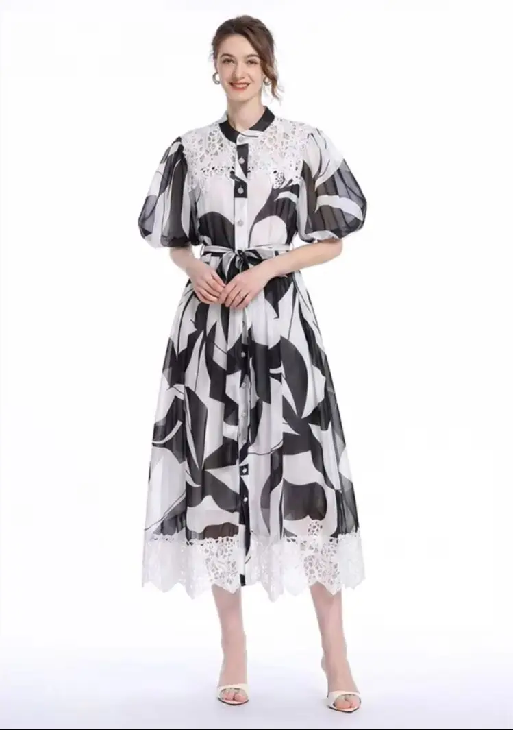 Women's French Light Luxury Long Dress Lace Patchwork Chiffon Floral Printed Puff Sleeve Single Breasted Belt Lace up
Women's French Light Luxury Long Dress Lace Patchwork Chiffon Floral Printed Puff Sleeve Single Breasted Belt Lace up