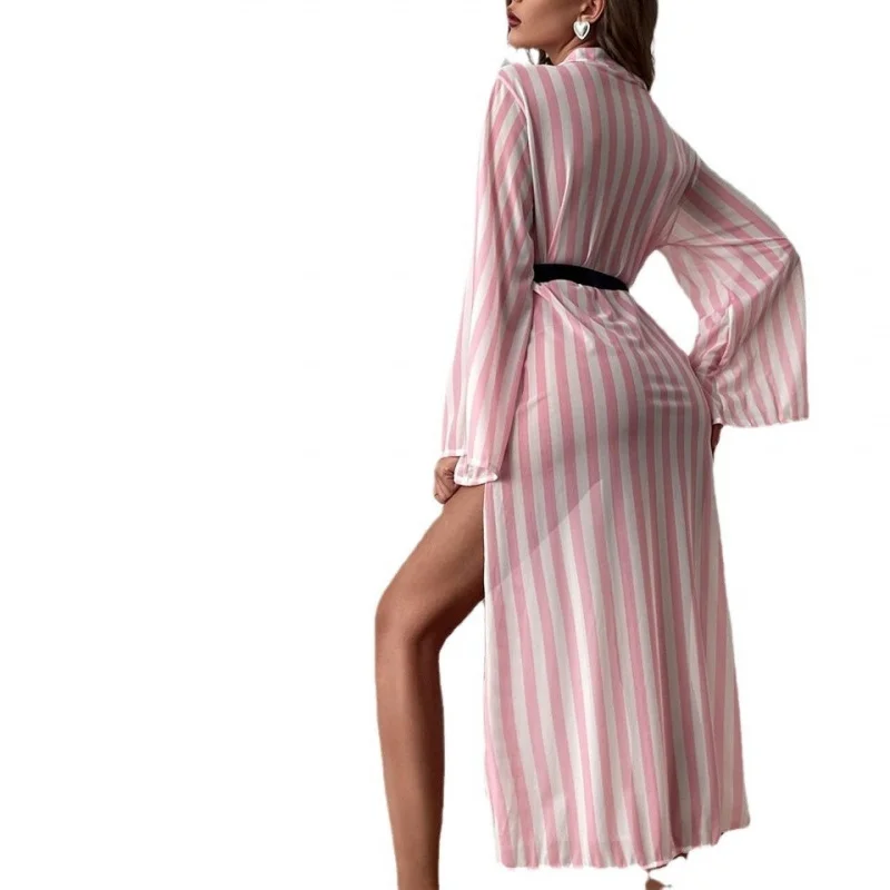 New cross-border long pink striped pajamas, lightweight women's summer home wear striped robe
New cross-border long pink striped pajamas, lightweight women's summer home wear striped robe