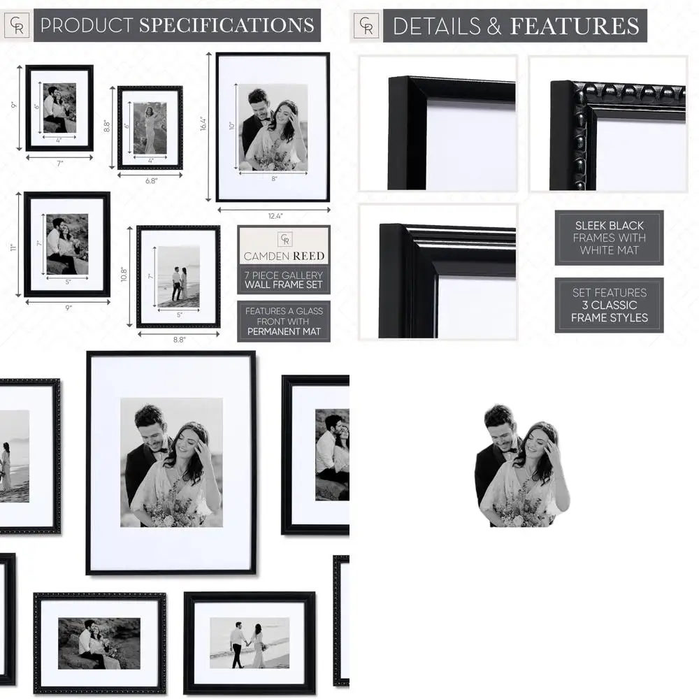 Black 7-Piece Wall Frame Set: 1-12x16, 2-8x10, 4-6x8 Inches
Black 7-Piece Wall Frame Set: 1-12x16, 2-8x10, 4-6x8 Inches