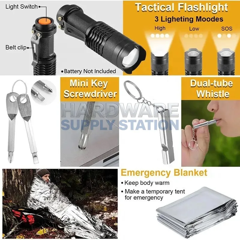 Portable car survival first aid kit, outdoor camping professional survival equipment tool set, essential for emergencies
Portable car survival first aid kit, outdoor camping professional survival equipment tool set, essential for emergencies