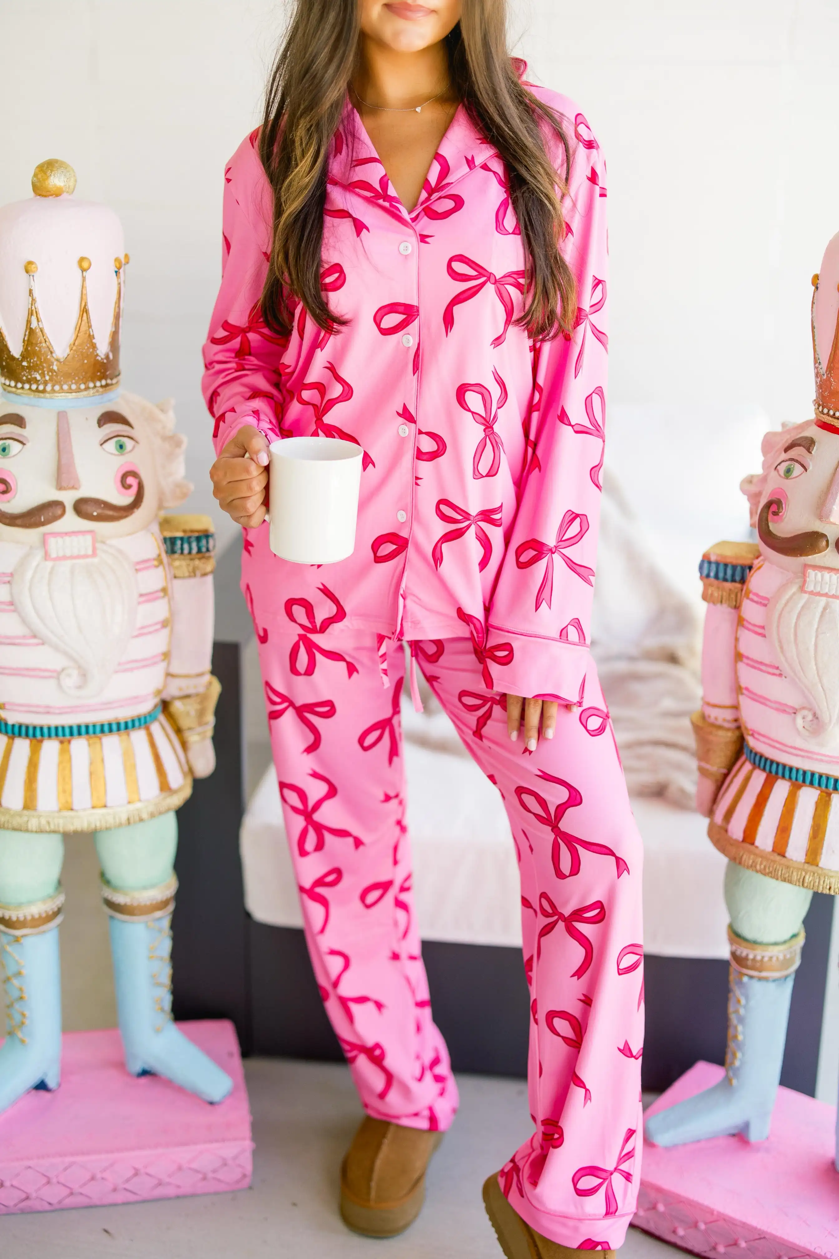 New Fashion Women 2 Piece Pajamas Set Bow Print Button Long Sleeves Shirt And Elastic Pants For Loungewear Soft Sleepwear S M L
New Fashion Women 2 Piece Pajamas Set Bow Print Button Long Sleeves Shirt And Elastic Pants For Loungewear Soft Sleepwear S M L