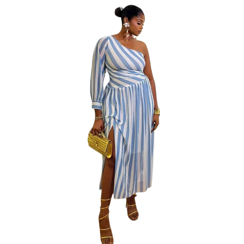 Women's Stripes Print One-Shoulder Diagonal Collar Lace-Up Long Sleeve Waistband Pleated Split Asymmetrical Long Dress
Women's Stripes Print One-Shoulder Diagonal Collar Lace-Up Long Sleeve Waistband Pleated Split Asymmetrical Long Dress