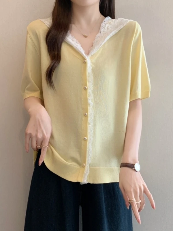 Ice Silk Knitted Short Sleeve Open Cardigan T-Shirt Women's Thin Summer New Large Size Fat MM Lace Splice Hooded Top
Ice Silk Knitted Short Sleeve Open Cardigan T-Shirt Women's Thin Summer New Large Size Fat MM Lace Splice Hooded Top